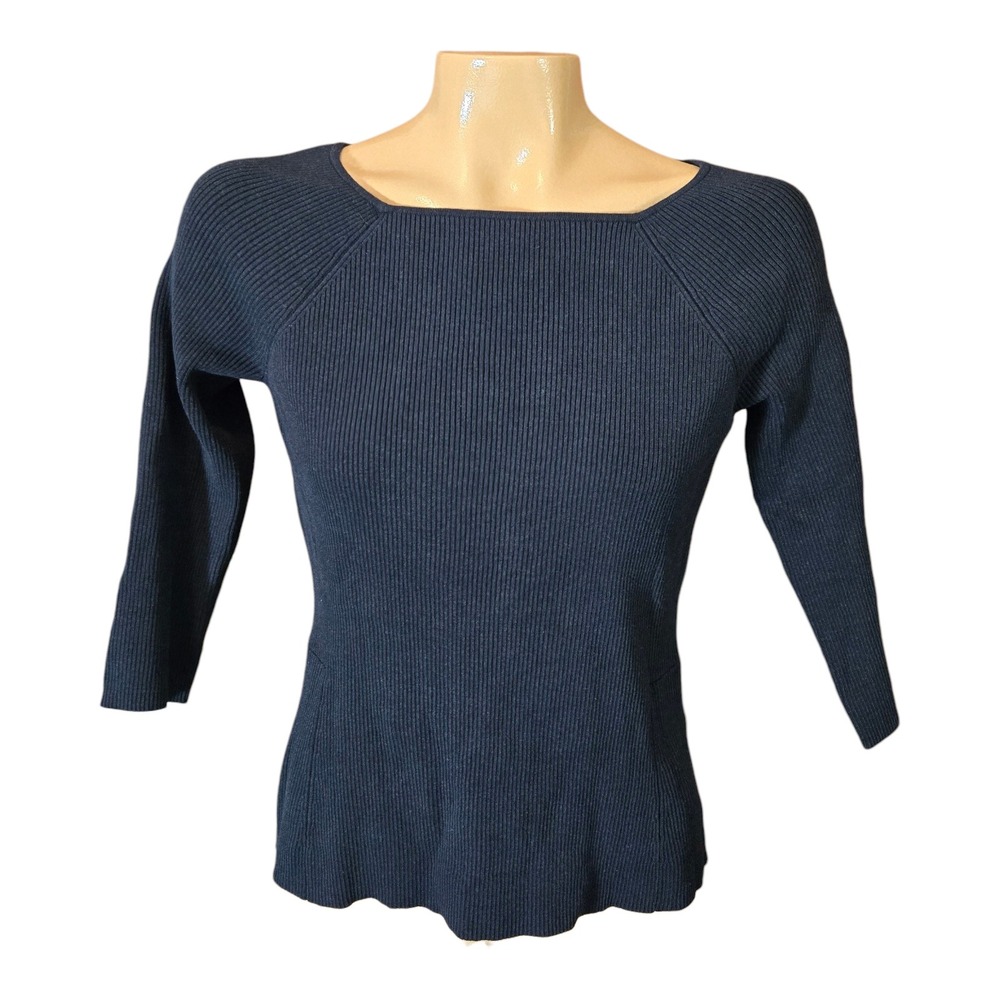 Evie‎ Silk Blend Ribbed Square Neck 3/4 Sleeve Fitted Sweater Top Medium Black